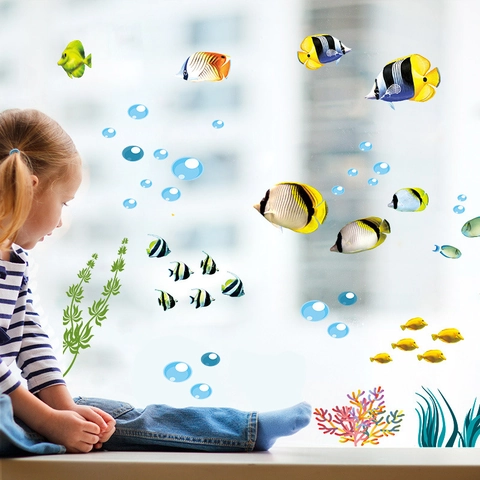 Ocean World Dolphin Wall Sticker Waterproof PVC Removable Underwater Fish Coral Decal For Kids Boy Room Bathroom Decor