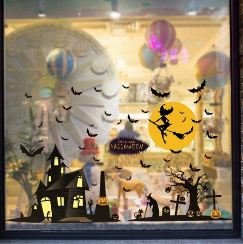 Halloween Heks Muursticker PVC Verwijderbaar Silhouet Spookhuis Vleermuis Maan Pompoen Raamsticker Feestelijke Decoratie
