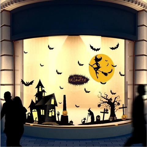 Halloween Heks Muursticker PVC Verwijderbaar Silhouet Spookhuis Vleermuis Maan Pompoen Raamsticker Feestelijke Decoratie