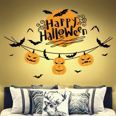 Adesivi Murali di Halloween in PVC Rimovibili Zucca Luna Pipistrello Decalcomanie Happy Halloween per Feste Casa Bar Vetrine