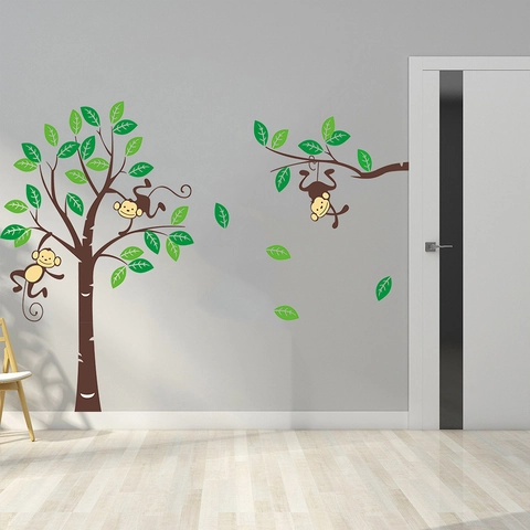 Cartoon Affe Klettern Baum Wandtattoo Für Kinderzimmer Abnehmbare PVC Wald Dschungel Tier Kindergarten Dekor Wandaufkleber