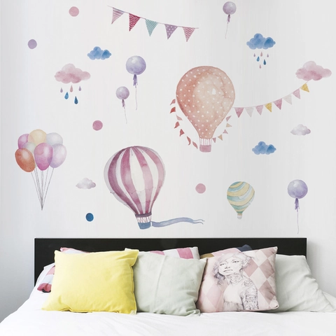 Watercolor Hot Air Balloon Wall Sticker Clouds Bunting PVC Decal For Kids Nursery Room Classroom Background Decoration