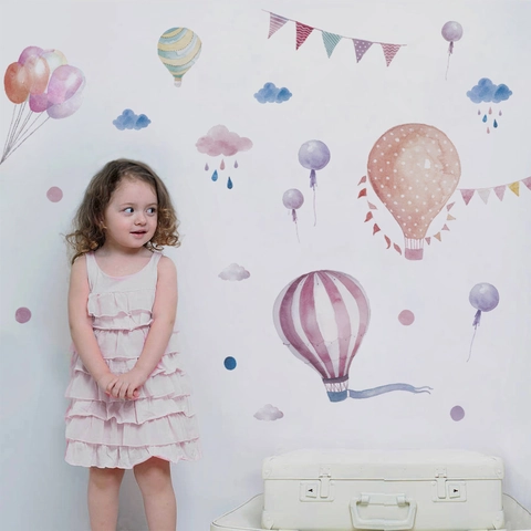 Watercolor Hot Air Balloon Wall Sticker Clouds Bunting PVC Decal For Kids Nursery Room Classroom Background Decoration