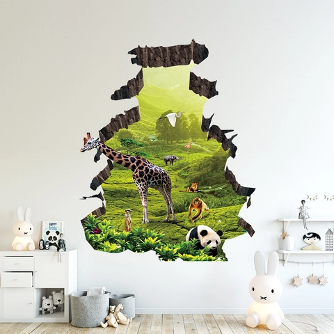 3D Wanddurchbruch Tiere Aufkleber PVC Wasserdicht Deko Für Kinderzimmer Wohnzimmer Giraffe Panda Löwe Muster Wandsticker