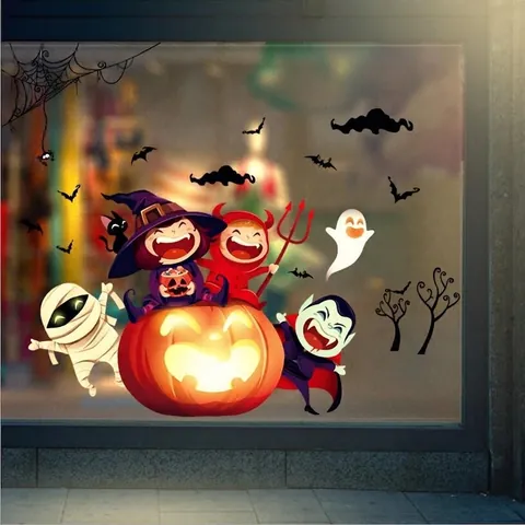 Pegatinas de Pared Doble Cara Halloween PVC Removibles Dibujos Calabaza Bruja Fantasma Calcomanías Ventana Para Fiesta