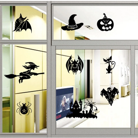 Halloween Hexe Fledermaus Kürbis Silhouette Wandtattoo Schwarz PVC Wasserdicht Abnehmbar Fensterbilder Für Party Home Deko