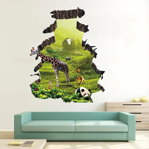 3D Wanddurchbruch Tiere Aufkleber PVC Wasserdicht Deko Für Kinderzimmer Wohnzimmer Giraffe Panda Löwe Muster Wandsticker