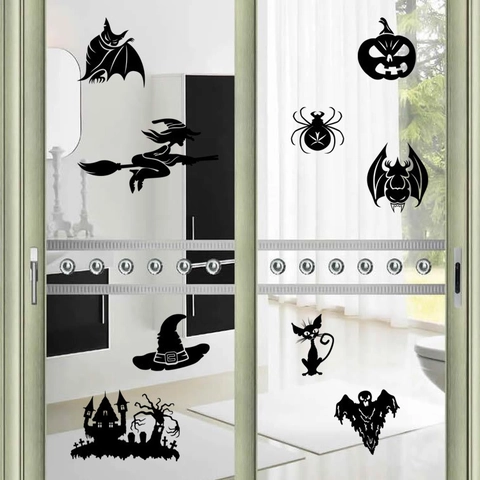 Halloween Hexe Fledermaus Kürbis Silhouette Wandtattoo Schwarz PVC Wasserdicht Abnehmbar Fensterbilder Für Party Home Deko