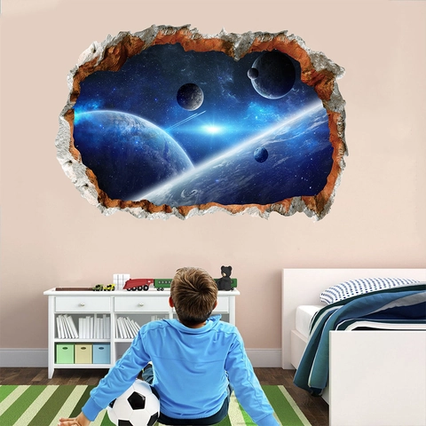 3D Bruchwand Weltraum Sternenhimmel Planet Wandtattoo Für Kinderzimmer Schlafzimmer Wohnzimmer Wasserdicht PVC Deko Aufkleber