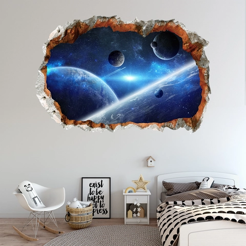 3D Bruchwand Weltraum Sternenhimmel Planet Wandtattoo Für Kinderzimmer Schlafzimmer Wohnzimmer Wasserdicht PVC Deko Aufkleber