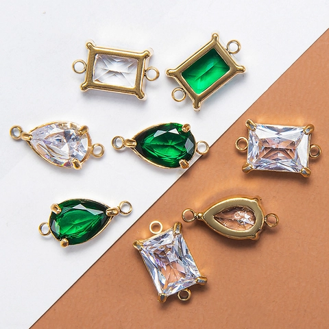 Roestvrij Staal Strass Vierkant Waterdruppel Hangers Goud Kleur Dubbele Lus DIY Connectoren Voor Sieraden Maken Accessoire