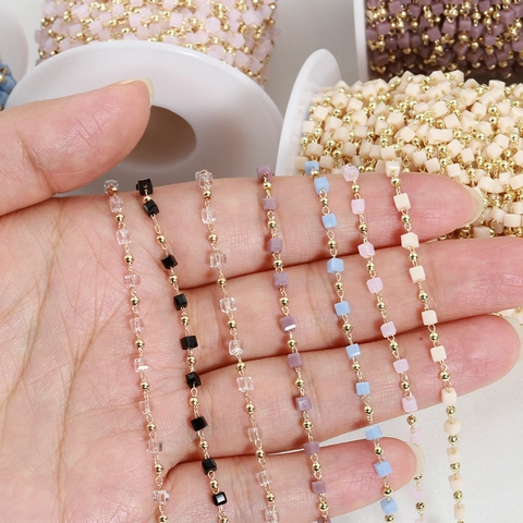 Handmade DIY Jewelry Making Chain Multicolor Cube Crystal Glass Beads Gold Silver Plated Copper Bead Chain Craft Material