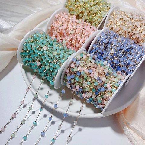 Copper Beaded Chain For DIY Jewelry Making Colorful Round Opal Style Beads Necklace Bracelet Handmade Material Accessory