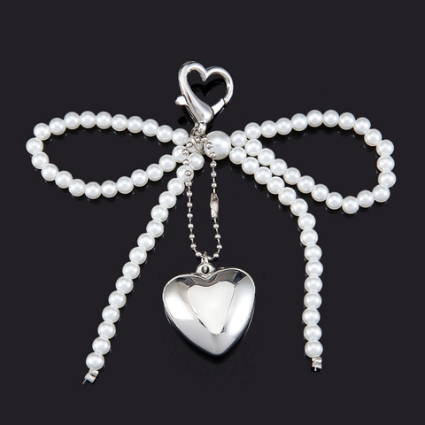Sweet Artificial Pearl Bowknot Keychain Silver Zinc Alloy Heart Pendant For Women Girly Bag Hanging Charm DIY Jewelry Ornament