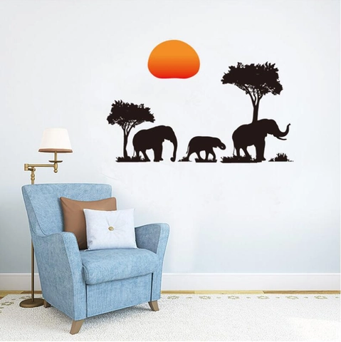 Adesivo da Parete Silhouette Elefante Savana Africana Fai da Te PVC Impermeabile Con Sole Alberi Per Soggiorno Casa