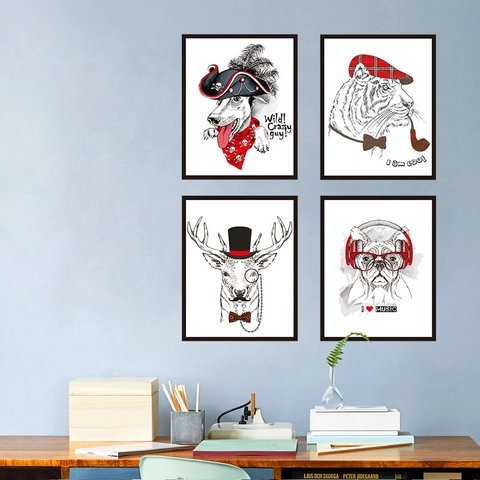 Cartoon Tierporträt Wandaufkleber Wasserdicht PVC Abnehmbare Wandtattoos Für Kinderzimmer Dekor Piraten Hund Tiger Hirsch Wandbild