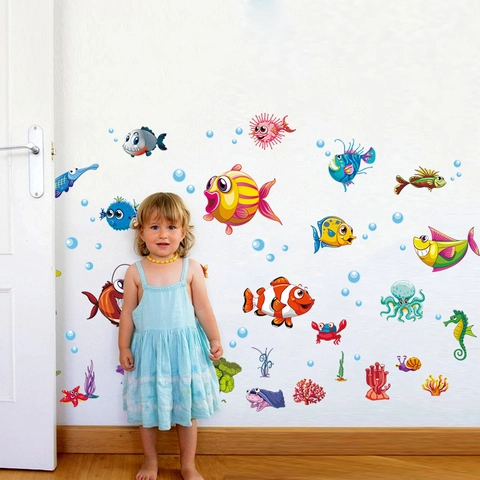 Cartoon Oceaanwereld Zeedieren Muurstickers Waterdicht PVC Kleurrijke Vissen Octopus Koraal Stickers Voor Kinderkamer Home Decor