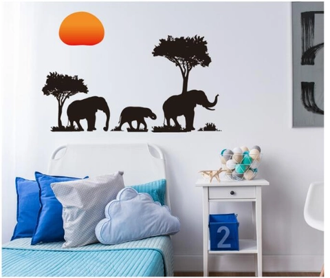 Adesivo da Parete Silhouette Elefante Savana Africana Fai da Te PVC Impermeabile Con Sole Alberi Per Soggiorno Casa