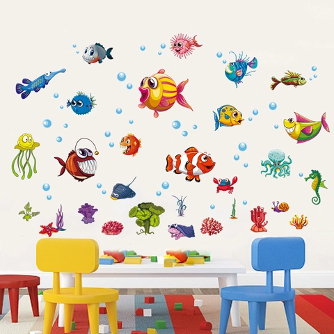 Cartoon Oceaanwereld Zeedieren Muurstickers Waterdicht PVC Kleurrijke Vissen Octopus Koraal Stickers Voor Kinderkamer Home Decor