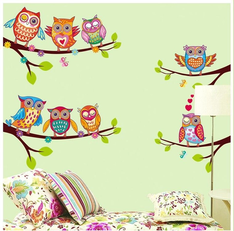 Cartoon Owl Tree Branch Wall Stickers Colorful PVC Waterproof Removable DIY Mural Decals For Kids Room Bedroom Decor