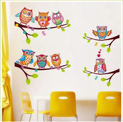 Cartoon Owl Tree Branch Wall Stickers Colorful PVC Waterproof Removable DIY Mural Decals For Kids Room Bedroom Decor