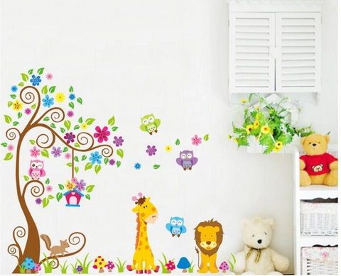 Vinilos Decorativos de Pared Animales del Bosque Jirafa León Búho Árbol PVC Impermeable Adhesivo Removible para Habitación Infantil