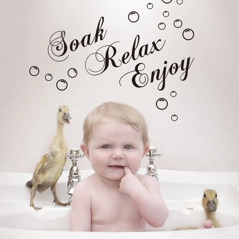 Adesivo da Parete in Vinile Soak Relax Enjoy Decalcomania per Bagno Impermeabile Scritte Artistiche Bolle Decorazione