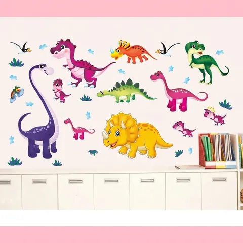 Pegatinas de Pared de Dinosaurio de Dibujos Animados Calcomanías de Animales PVC Removibles Para Habitación Infantil Guardería