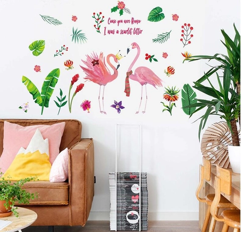 Moderno Adesivo da Parete in PVC con Fenicottero e Foglie Tropicali Impermeabile Rimovibile per Camera da Letto Soggiorno Decorazione Casa