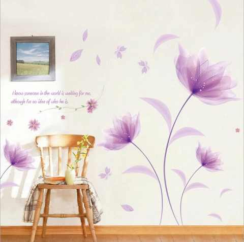 Romantic Purple Flower Wall Stickers DIY Removable PVC Floral Wall Decals For Bedroom Living Room Home Background Wall Decor