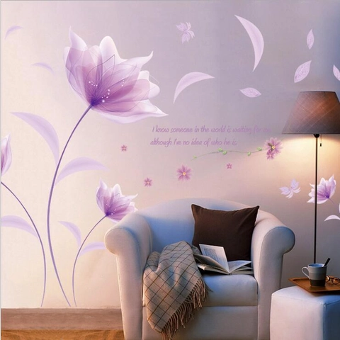 Romantic Purple Flower Wall Stickers DIY Removable PVC Floral Wall Decals For Bedroom Living Room Home Background Wall Decor