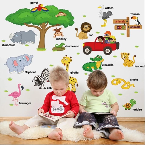 Cartoon Zoo Tiere Wandtattoos Für Kinderzimmer Abnehmbare PVC Pädagogische DIY Wandbild Löwe Elefant Giraffe Kindergarten Deko