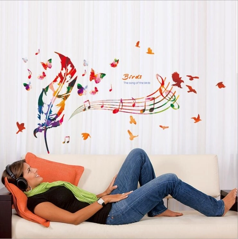Adesivi Murali Piuma Musicale Uccelli Farfalle Note Colorate DIY Rimovibili PVC Decalcomanie da Muro per Camera Soggiorno