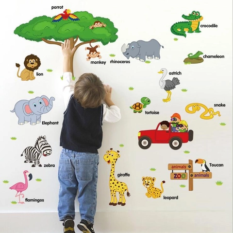 Cartoon Zoo Tiere Wandtattoos Für Kinderzimmer Abnehmbare PVC Pädagogische DIY Wandbild Löwe Elefant Giraffe Kindergarten Deko