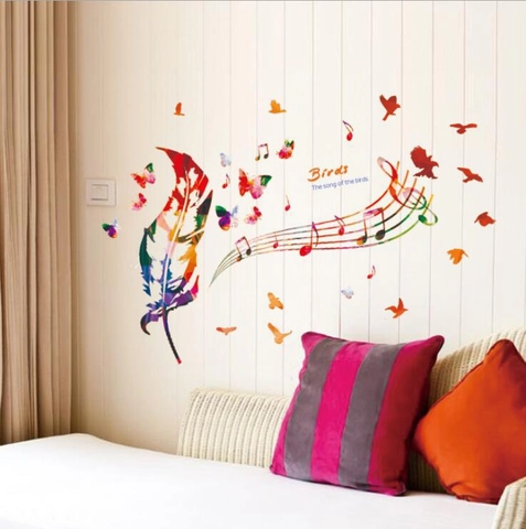 Adesivi Murali Piuma Musicale Uccelli Farfalle Note Colorate DIY Rimovibili PVC Decalcomanie da Muro per Camera Soggiorno