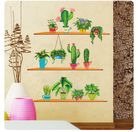 Abnehmbare PVC Wandtattoo Kaktus Topfpflanzen Sukkulenten Holzregal Muster Wasserdicht Heimdeko Für Wohnzimmer Schlafzimmer