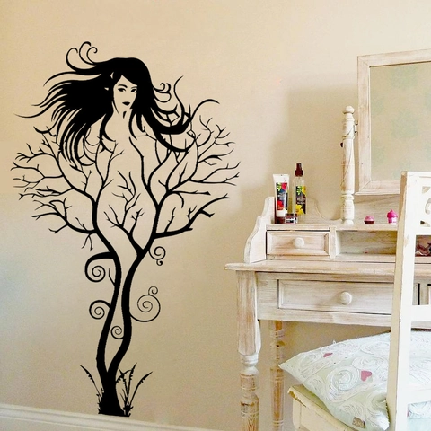 Adesivo da Parete Creativo con Silhouette di Ragazza e Rami d'Albero Decalcomania Artistica in PVC Impermeabile per Soggiorno