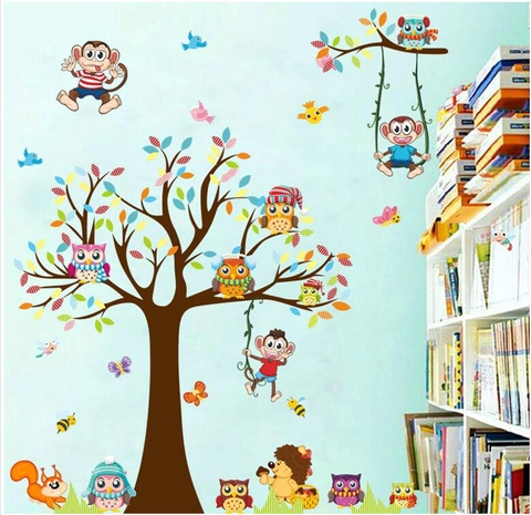 Pegatinas de Pared de Árbol de Animales del Bosque de Dibujos Animados Mural de PVC Impermeable Removible para Habitación de Niños