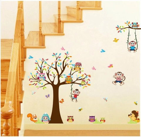 Pegatinas de Pared de Árbol de Animales del Bosque de Dibujos Animados Mural de PVC Impermeable Removible para Habitación de Niños