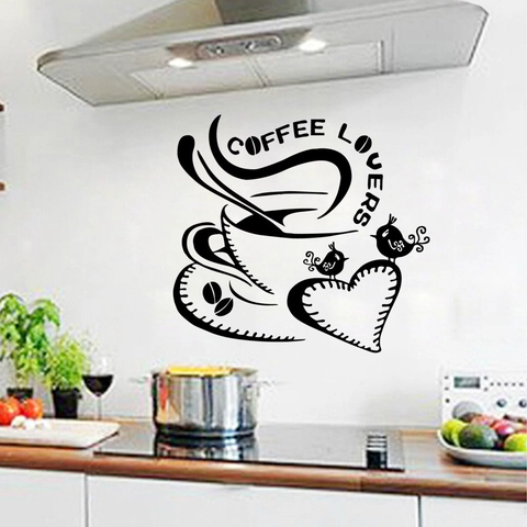 Vinilo Decorativo Coffee Lovers Negro De PVC Removible Impermeable Con Taza De Café Corazón Pájaro Patrón Para Cocina Cafetería