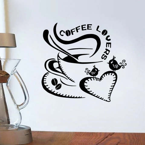 Vinilo Decorativo Coffee Lovers Negro De PVC Removible Impermeable Con Taza De Café Corazón Pájaro Patrón Para Cocina Cafetería