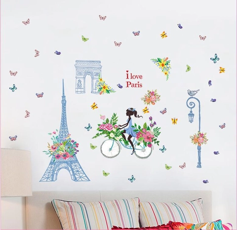 Adesivo Murale Romantico Parigi Torre Eiffel Arco Di Trionfo Impermeabile PVC Ragazza In Bicicletta Per Soggiorno Camera