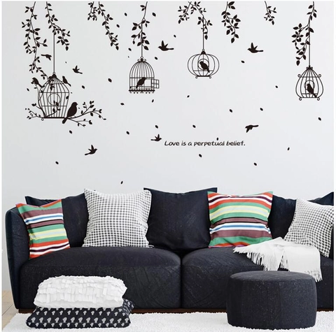 Black Birdcage Birds Tree Silhouette Wall Sticker PVC Waterproof Removable Decal For Living Room Bedroom Home Wall Decor
