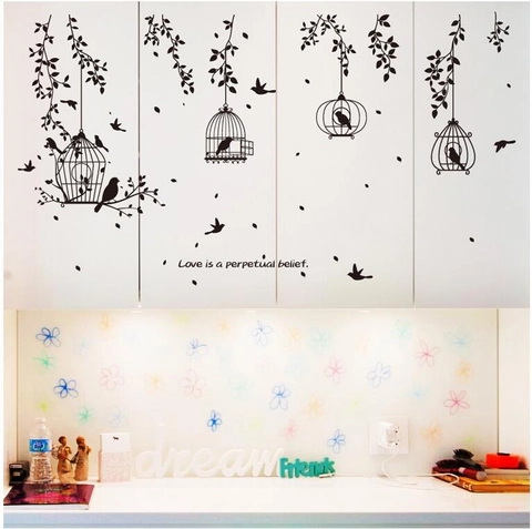Black Birdcage Birds Tree Silhouette Wall Sticker PVC Waterproof Removable Decal For Living Room Bedroom Home Wall Decor