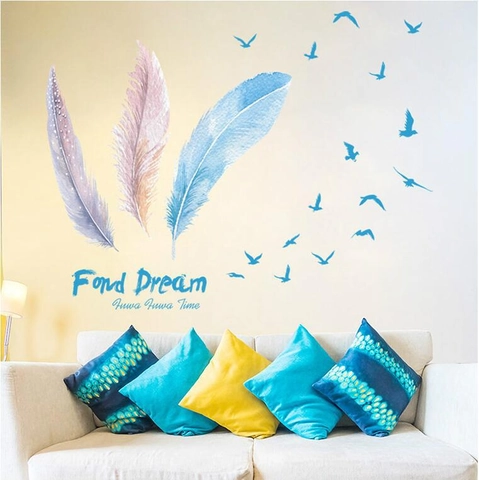 Adesivi Murali Removibili in PVC Con Piume ad Acquerello e Uccelli Blu Fond Dream Decalcomania Artistica Per Soggiorno Camera da Letto