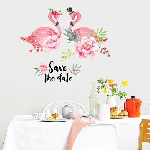 Watercolor Pink Flamingo Flower Wall Sticker Removable PVC Decal For Wedding Bedroom Living Room Save The Date Decor