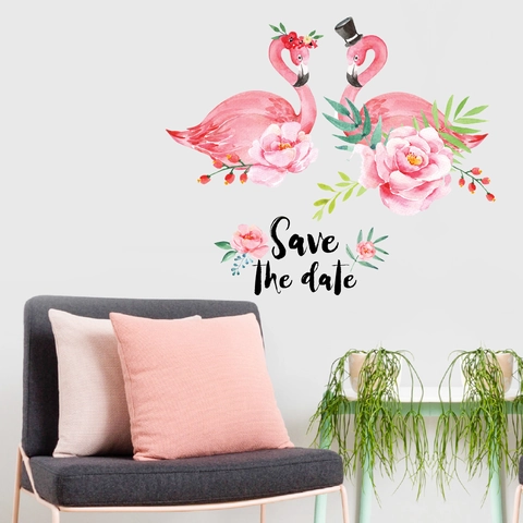 Watercolor Pink Flamingo Flower Wall Sticker Removable PVC Decal For Wedding Bedroom Living Room Save The Date Decor
