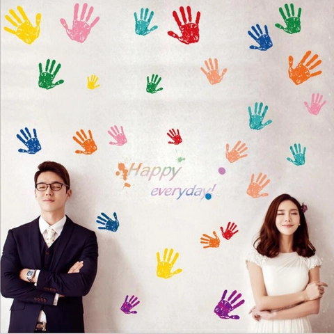 Colorful Handprints Cartoon Wall Sticker Happy Everyday Removable DIY PVC Decal For Kids Room Kindergarten School Home Decor