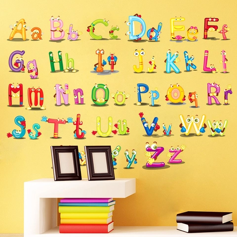 Adesivi da Parete Alfabeto Cartoni Animati Lettere A-Z per Cameretta Bambini Asilo Decorazione Aula Scolastica Impermeabile PVC Adesivi Educativi