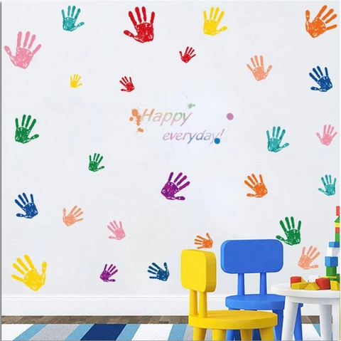 Colorful Handprints Cartoon Wall Sticker Happy Everyday Removable DIY PVC Decal For Kids Room Kindergarten School Home Decor